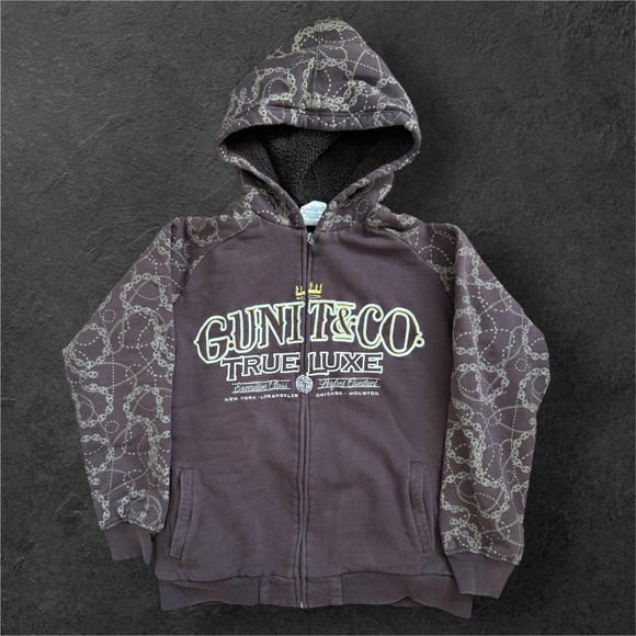 GUNIT&CO Other - GUNIT&CO TRUE LUXE Hoodie Mens XL‎ Brown Sherpa Lined Chain Print Full Zip Y2K